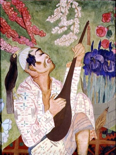 Japanilainen mies soittamassa luuttua (öljy kankaalle) tekijältä Nadezhda Vladimirovna Lermontova