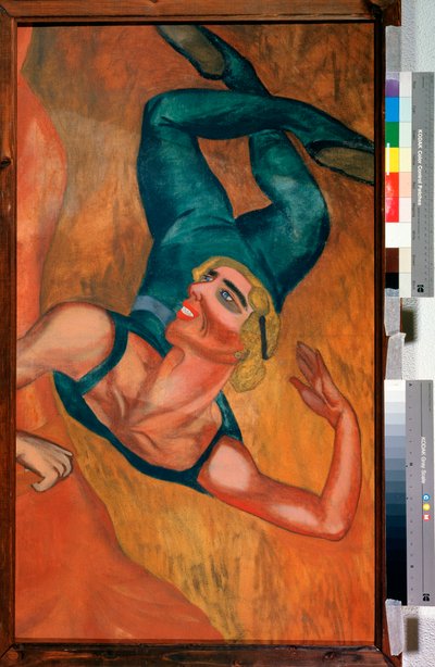 Saut (hyppy) - Akrobaatti hyppää, hymyilevät kasvot, joustava vartalo, joka on vääntynyt ilmassa olevan asennon vuoksi - Nadezhda Vladimirovna Lermontovan (1885-1921) maalaus, öljy kankaalle tekijältä Nadezhda Vladimirovna Lermontova