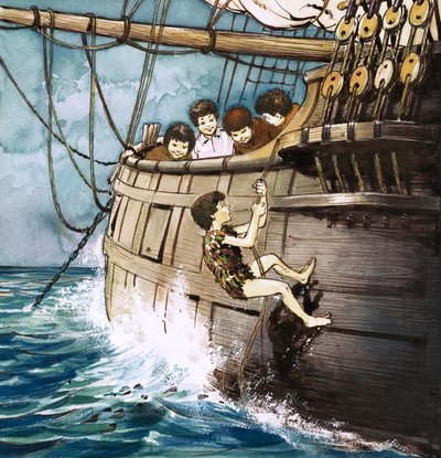 Peter Pan kiipeää kyytiin, kuvitus J.M. Barrien kirjasta Peter Pan (guassi paperille). tekijältä Nadir Quinto