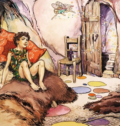 Peter Pan puhuu Helinä-keijulle, kuvitus J.M. Barrien kirjasta Peter Pan (guassi paperille). tekijältä Nadir Quinto