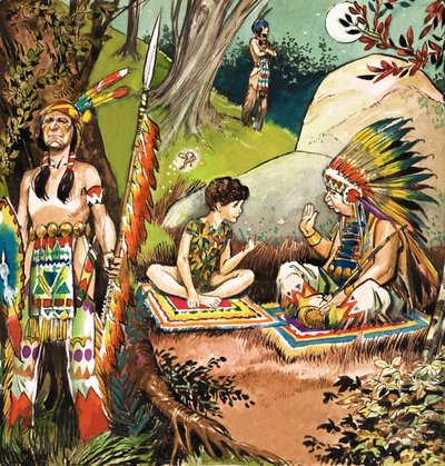 Peter Pan keskustelee päällikön kanssa, kuvitus J.M. Barrien kirjasta Peter Pan (guassi paperille). tekijältä Nadir Quinto