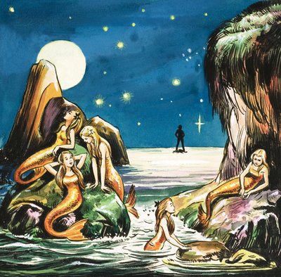 Peter ja merenneidot, kuvitus J.M. Barrien Peter Pan -teoksesta (guassi paperille). tekijältä Nadir Quinto