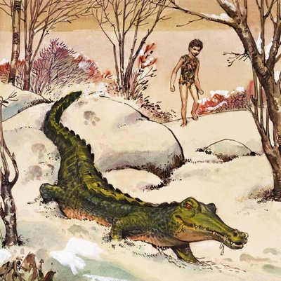 Peter seuraa krokotiilia, kuvitus J.M. Barrien Peter Pan -teoksesta (guassi paperille). tekijältä Nadir Quinto