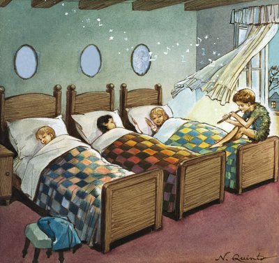 Wendy, Michael ja John nukkumassa, kuvitus J.M. Barrien kirjasta Peter Pan (guassi paperille). tekijältä Nadir Quinto