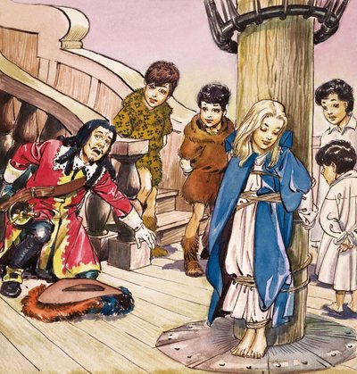 Wendy sidottuna mastoon, kuvitus J.M. Barrien Peter Pan -teoksesta (guassi paperille). tekijältä Nadir Quinto