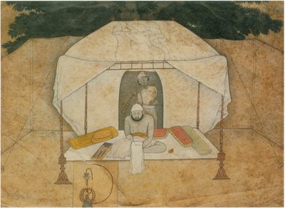 Balwant Singh istuu kirjoittamassa leiripedillä tekijältä Nainsukh