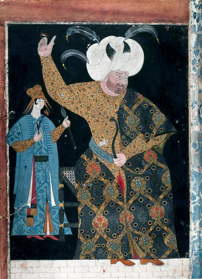 Ottomaanien valtakunta: "" Muotokuva sulttaani Selim II:sta, jota kutsutaan humalassa tai Sari Blondiksi (1524-1574)"" Reis Haydar Naked the Nigari (1494-1572) akvarelli (TKS 2134, fol. 3 b) Istanbul, Topkapi Seray tekijältä Nakkep called Nigari Reis Haydar