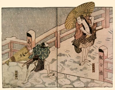 Avojaloin miehiä aurinkovarjoineen lumessa, 1811, 1924. tekijältä Naniwa Shunkosai