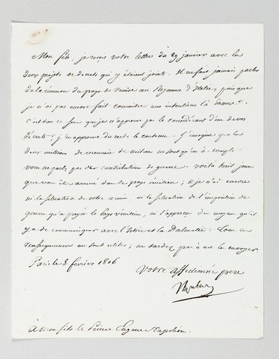 Napoleonin allekirjoitettu kirje poikapuolensa prinssi Eugène de Beauharnais Napoleonille tekijältä Napoleon Bonaparte