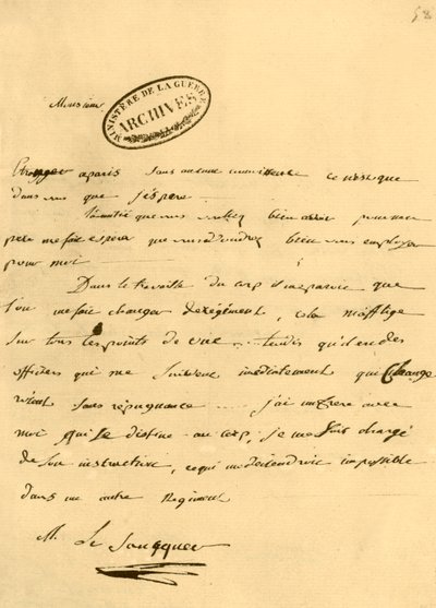 Kirje Napoleonilta Le Saucquerille, sotavirkailijalle, 3. kesäkuuta 1791, 1921. tekijältä Napoleon Bonaparte I