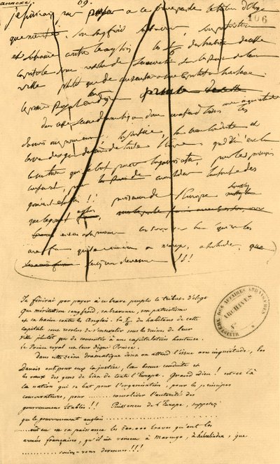 Karkea luonnos tekstistä sisällytettäväksi Le Moniteur Universel -julkaisuun, 16. huhtikuuta 1801, 1921. tekijältä Napoleon Bonaparte I
