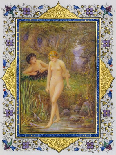 Valaistu sivu Shakespearen sonettien kirjasta, jossa on alaston nainen pastoraalifantasiassa.... tekijältä Nathan Benn