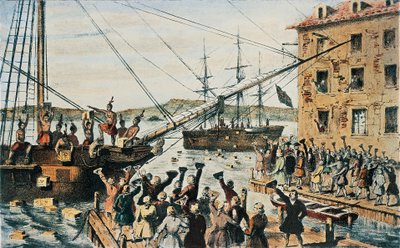 Boston Tea Party, siirtolaiset heittivät yli laidan englantilaisia teearkkuja Bostonin satamassa 16. joulukuuta tekijältä Nathaniel (after) Currier