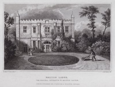 Malton Lodge, alkuperäinen sisäänkäynti Maltonin linnaan (kaiverrus) tekijältä Nathaniel (after) Whittock
