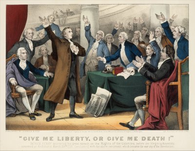 Give Me Liberty or Give Me Death! - Patrick Henry pitää suurenmoisen puheensa oikeuksista ..., 1876. Tekijät: Nathaniel Currier, James Merritt Ives, Currier ja Ives. tekijältä Currier and Ives