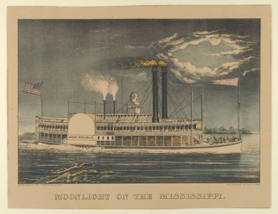 Moonlight on Mississippi, 1872-74, 1872-74. Tekijät: Nathaniel Currier, James Merritt Ives, Currier ja Ives. tekijältä Currier and Ives