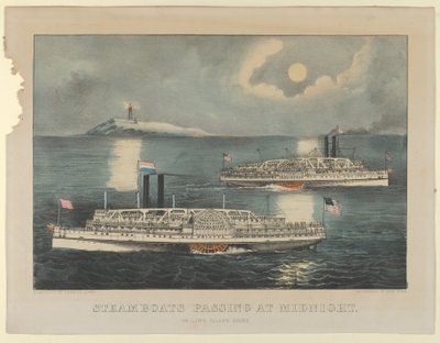 Höyrylaivat kulkevat keskiyöllä - Long Island Soundilla, 1872-74, 1872-74. Tekijät: Nathaniel Currier, James Merritt Ives, Currier ja Ives. tekijältä Currier and Ives