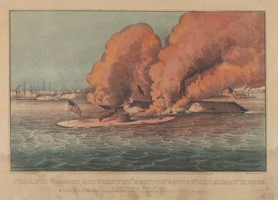 Upea taistelu monitorin välillä 2 Guns & Merrimac 11 Guns - Hampton Roadsilla maaliskuussa..., 1862. Tekijät: Nathaniel Currier, James Merritt Ives, Currier ja Ives. tekijältä Currier and Ives