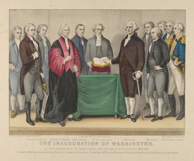 Washingtonin virkaanastuminen Yhdysvaltojen ensimmäiseksi presidentiksi, 30. huhtikuuta 1789 - ..., 1876. Tekijät: Nathaniel Currier, James Merritt Ives, Currier ja Ives. tekijältä Currier and Ives