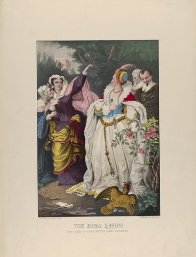 Kilpailevat kuningattaret - Skotlannin kuningatar Maria uhmaa kuningatar Elizabethia, 1857-72, 1857-72. Tekijät: Nathaniel Currier, James Merritt Ives, Currier ja Ives. tekijältä Currier and Ives