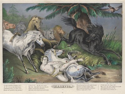 Mazeppa: Neljän (4) lautasen sarjan lautanen 3 (villihevosten ympäröimänä) tekijältä Nathaniel Currier