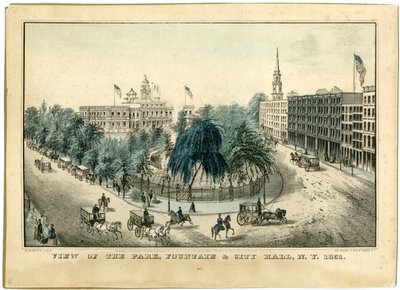 Näkymä puistoon, suihkulähteeseen ja kaupungintaloon, N.Y. 1851, 1851 tekijältä Nathaniel Currier