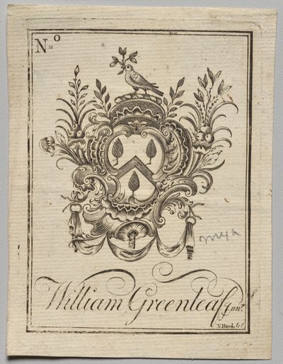 Kirjakilpi: Vaakuna, johon on kaiverrettu William Greenleaf Jun.r tekijältä Nathaniel Hurd