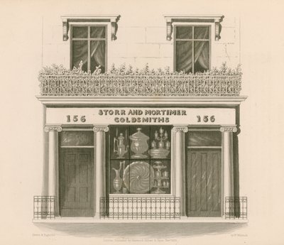 Herra Storr ja Mortimer, kultaseppien ja jalokivikauppiaiden ionistyylinen myymälä, nro 156, Bond Street, Lontoo tekijältä Nathaniel Whittock