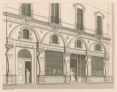 Fortnum and Masonin myymälän julkisivu, nro 182 Piccadilly, Lontoo. tekijältä Nathaniel Whittock