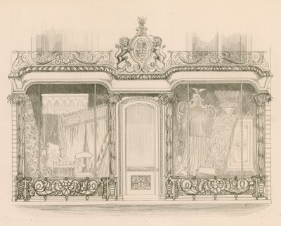 Myymälän edessä herrat Saunders ja Woodley, verhoilijoita, Regent Street, Lontoo tekijältä Nathaniel Whittock