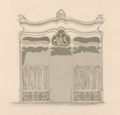 Ranskalaista Ludvig XIV -tyyliä edustava myymälän julkisivu Sangsterille, sateenvarjo- ja keppikauppiaille, Regent Street, Lontoo. tekijältä Nathaniel Whittock