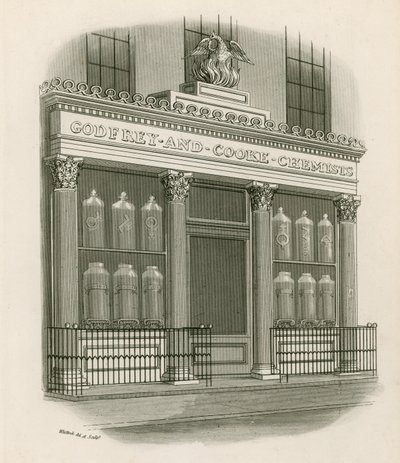 Kauppa edessä Godfrey and Cookessa, Chemists, Conduit Street, Lontoo tekijältä Nathaniel Whittock