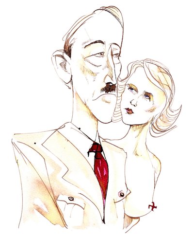 Adolf Hitler ja hänen rakastajattarensa Eva Braun - värillinen karikatyyri tekijältä Neale Osborne