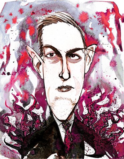 amerikkalainen kauhu- ja tieteiskirjailija Howard Phillips Lovecraft (1890-1937); karikatyyri tekijältä Neale Osborne