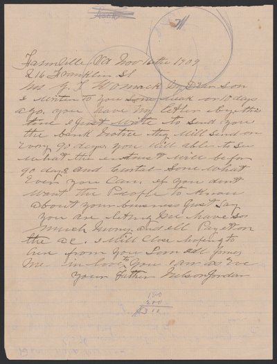 Kirje Nelson Jordanilta Julia Womackille kirjekuorella, 16. marraskuuta 1909. tekijältä Nelson Jordan