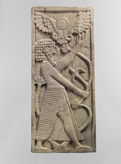 Kohokuvioitu huonekalulaatta, jossa mieshahmo tarttuu puuhun, noin 800-luvulla eaa. (norsunluu) tekijältä Neo Assyrian Neo Assyrian