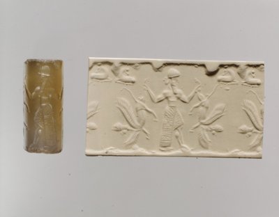 Sylinteritiiviste ja moderni vaikutelma: mieshahmo hallitsee ihmispäisiä siivekkäitä leijonia, n. 8.–7. vuosisadalla eKr. (kalsedoni) tekijältä Neo Assyrian Neo Assyrian