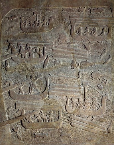 Mesopotamia uusassyrialaisella aikakaudella (noin 1000-612 eKr.): "" Meriretki, puun kuljetus Libanonista Foinikiaa pitkin, veneiden lastaus""" 8. vuosisata eaa. Khorsabadista (Khunsabad) Pariisista, Musee du Louvresta tekijältä Neo Assyrian Neo Assyrian