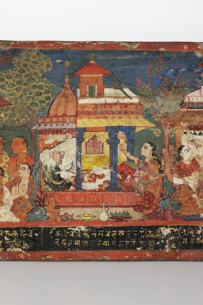 Yksityiskohta buddhalaisen käsikirjoituksen kannesta (läpinäkymätön wc puulla) tekijältä Nepalese School