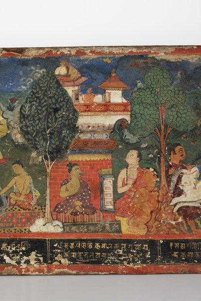Yksityiskohta buddhalaisen käsikirjoituksen kannesta (läpinäkymätön wc puulla) tekijältä Nepalese School