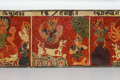 Yksityiskohta Devimahatmya-käsikirjoituksen kannesta (läpinäkymätön wc puulla) tekijältä Nepalese School
