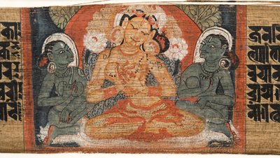 Folio 2r Jumalatar Prajnaparamita, Astasahasrika Prajnaparamitasta (tussi ja värit palmunlehdille ja puulle) (yksityiskohta kuvasta 430760) tekijältä Nepalese School