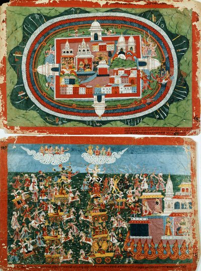 Krishna hyökkää Prag-jyoshitan valloittamattomaan linnaan saadakseen takaisin Aditin korvarenkaat, n. 1775 tekijältä Nepalese School