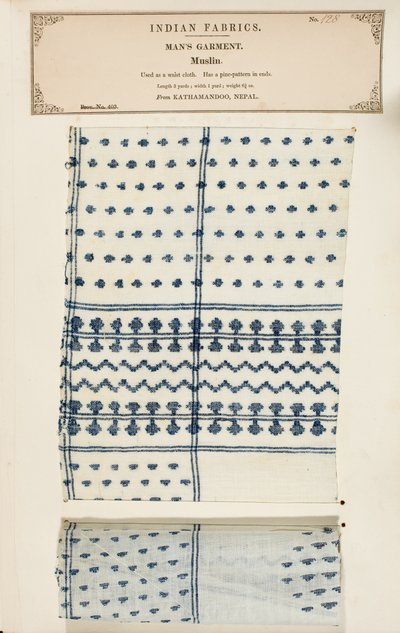 Musliininäyte Nepalin Kathamandoosta, kokoelmasta The Collection of the Textile Manufacturers of India, kirjoittanut John Forbes Watson, julkaistu vuonna 1866 tekijältä Nepalese School