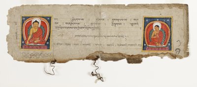 Sivu buddhalaisesta käsikirjoituksesta, mahdollisesti Mahashitalanikasta, n. 1400 (läpinäkymätön wc ja muste paperilla) tekijältä Nepalese School
