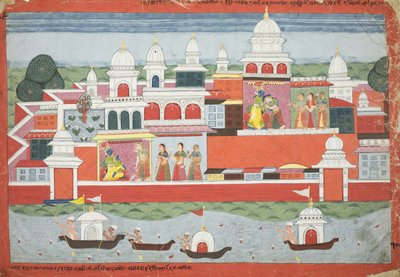 Rukmini pyytää Krishnalta lupaa vierailla veljensä Rukman luona, sivu Bhagavata Puranan käsikirjoituksesta, n. 1775 tekijältä Nepalese School