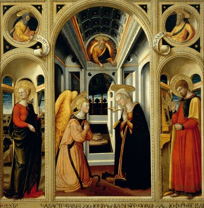 Neri di Biccin (1418-1492) ilmestys, joka esittää Pyhän Apollonian, Pyhän Luukkaan ja profeetat Daavidin ja Jesajan tekijältä Neri di Bicci