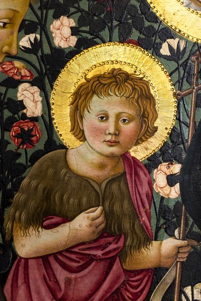 Neitsyt Maria, Johannes ja kaksi enkeliä palvovat Kristuksen lasta. tekijältä Neri di Bicci