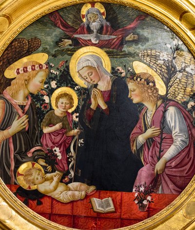 Neitsyt Maria, Johannes ja kaksi enkeliä palvovat Kristuksen lasta. tekijältä Neri di Bicci