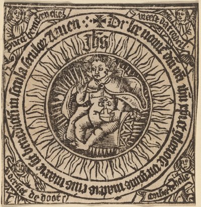 Jumalallinen vauva maapallon kanssa ympyrässä neljän enkelin kanssa tekijältä Netherlandish 15th Century